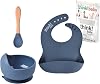 Think Baby ® Plastic free Anti Slip Bowl Bib & Spoon set - Created in UK - BPA Free Non Toxic - Silicone & Bamboo Weaning Set - Improved Design High Suction - Food Grade Baby Weaning set 1 Pack