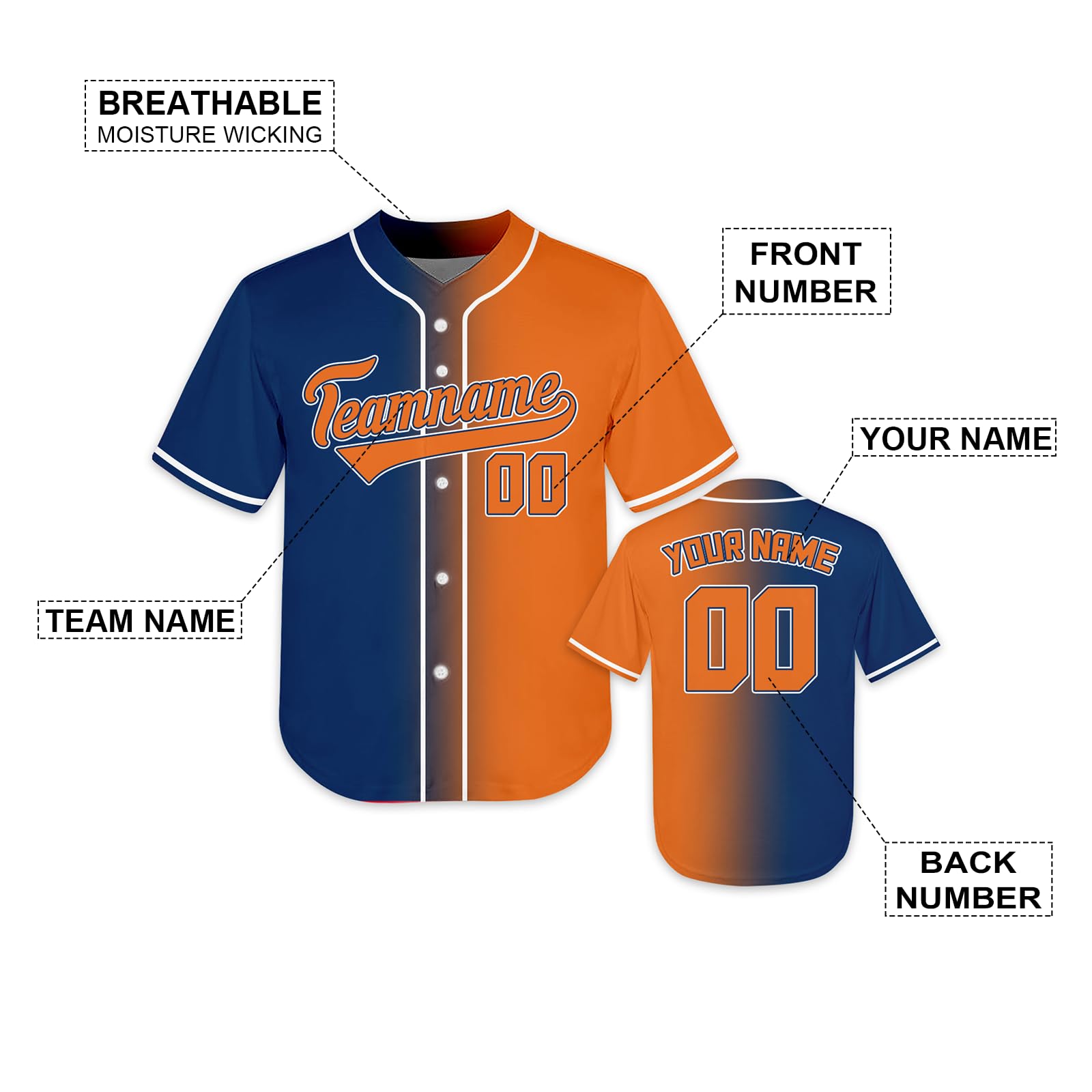 Custom Kids Baseball Jersey Split Gradient Button Down Baseball Shirts Printed Stitched Name Number Fans Gift for Youth Kid Boys Girls S-XL