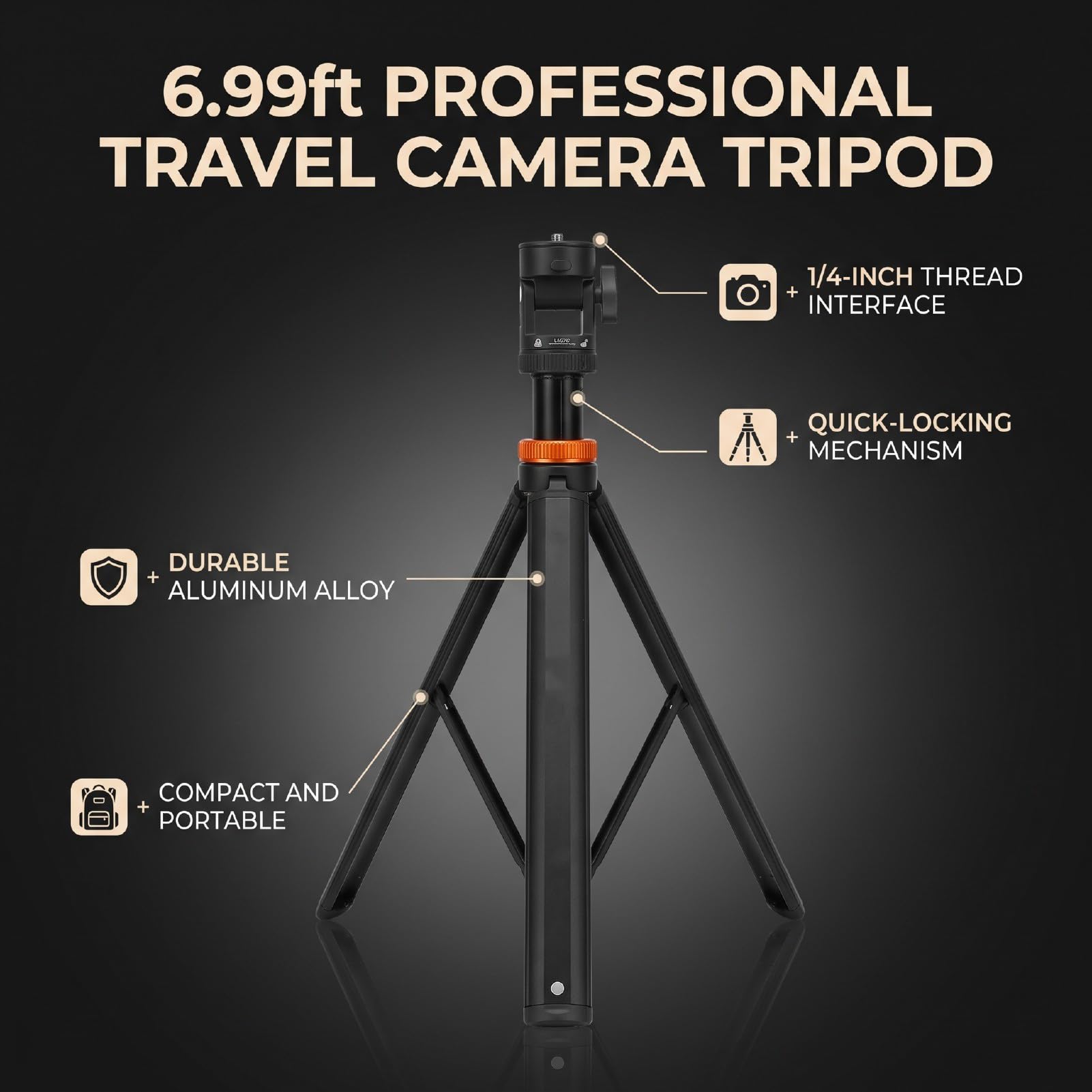 GOWENIC Treppiede per Fotocamera Allungabile da 6,99 Piedi | Altezza 6,99 Piedi, Spazio di Archiviazione da 16,54 Pollici, Blocco Rapido, Lega di Alluminio + ABS, Filettatura da 1/4 di