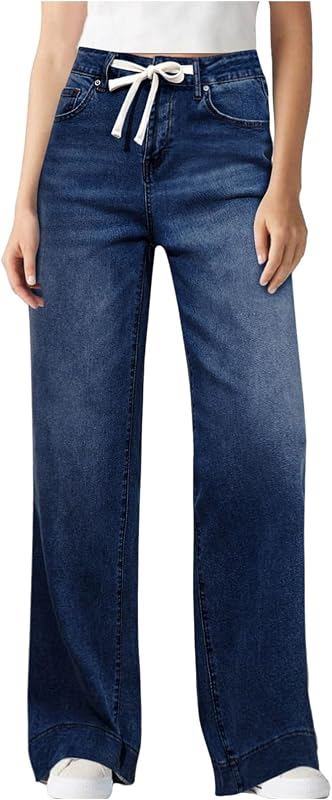 Womens Jeans Drawstring Wide Leg Denim Pants High Waisted Trousers