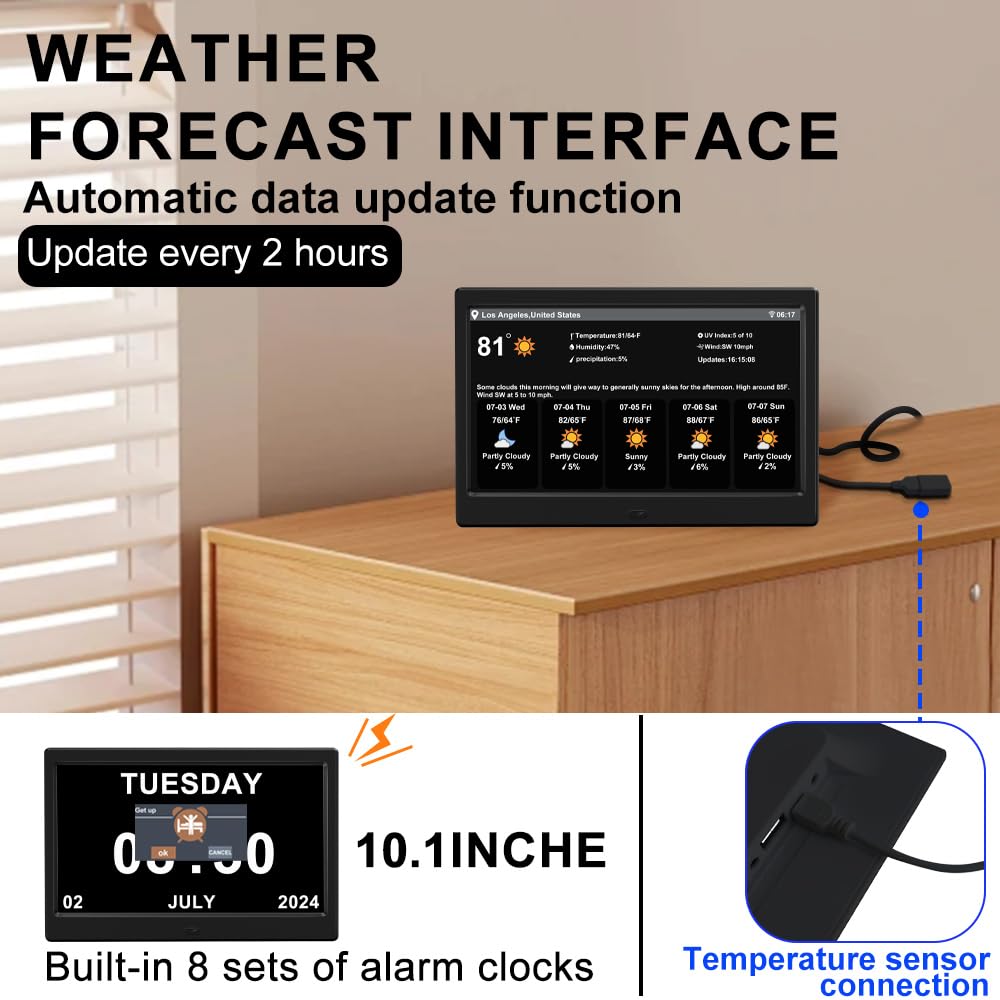Reloj de calendario digital con alarma de día y fecha, con temperatura climática, humidificación, demencia, Alzheimer, ancianos, regulable, automático, 8 opciones de alarma (10.1 pulgadas