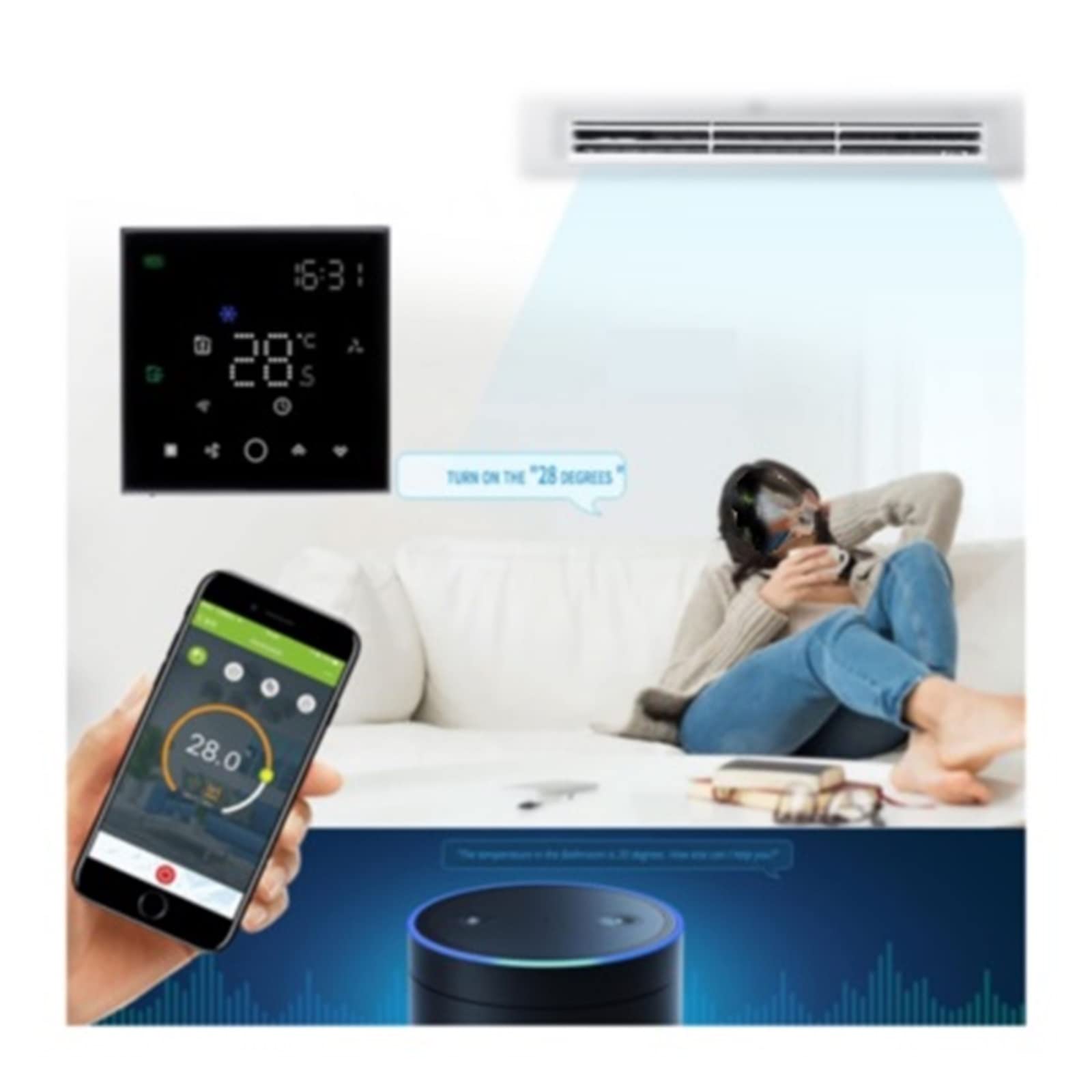 Czujnik termometru, Termostat Wi -Fi dla klimatyzatora Smart Thermotato Regulator temperatury regulator Wireless(Nero,2P AND WIFI)