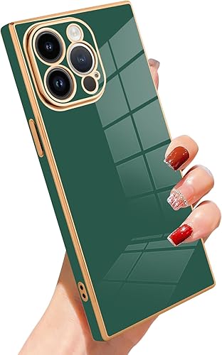 SAKUULO Funda de teléfono para iPhone 15 Pro, bonita funda cuadrada dorada chapada en oro para mujeres y niñas, TPU suave a prueba de golpes,