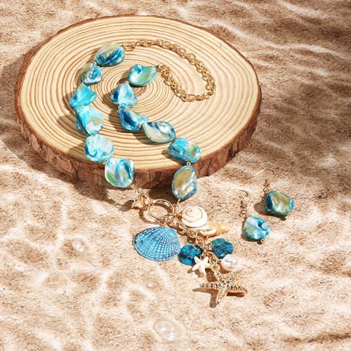 Image of Coiris Natural Seashell Choker Necklaces Earrings Jewelry Set for Women Starfish Shell Freshwater Pearl Collar Necklaces for Women Irregular Mother of Pearl Jewelry Set