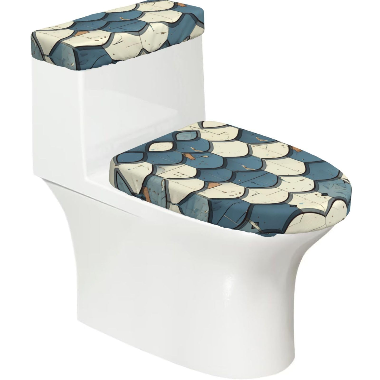 Mrowyc Black Blue Waves Tiles Printed Toilet Seat Set - Set Of 2 - Universal Toilet Seat Cover - Housewarming Birthday Christmas Gift