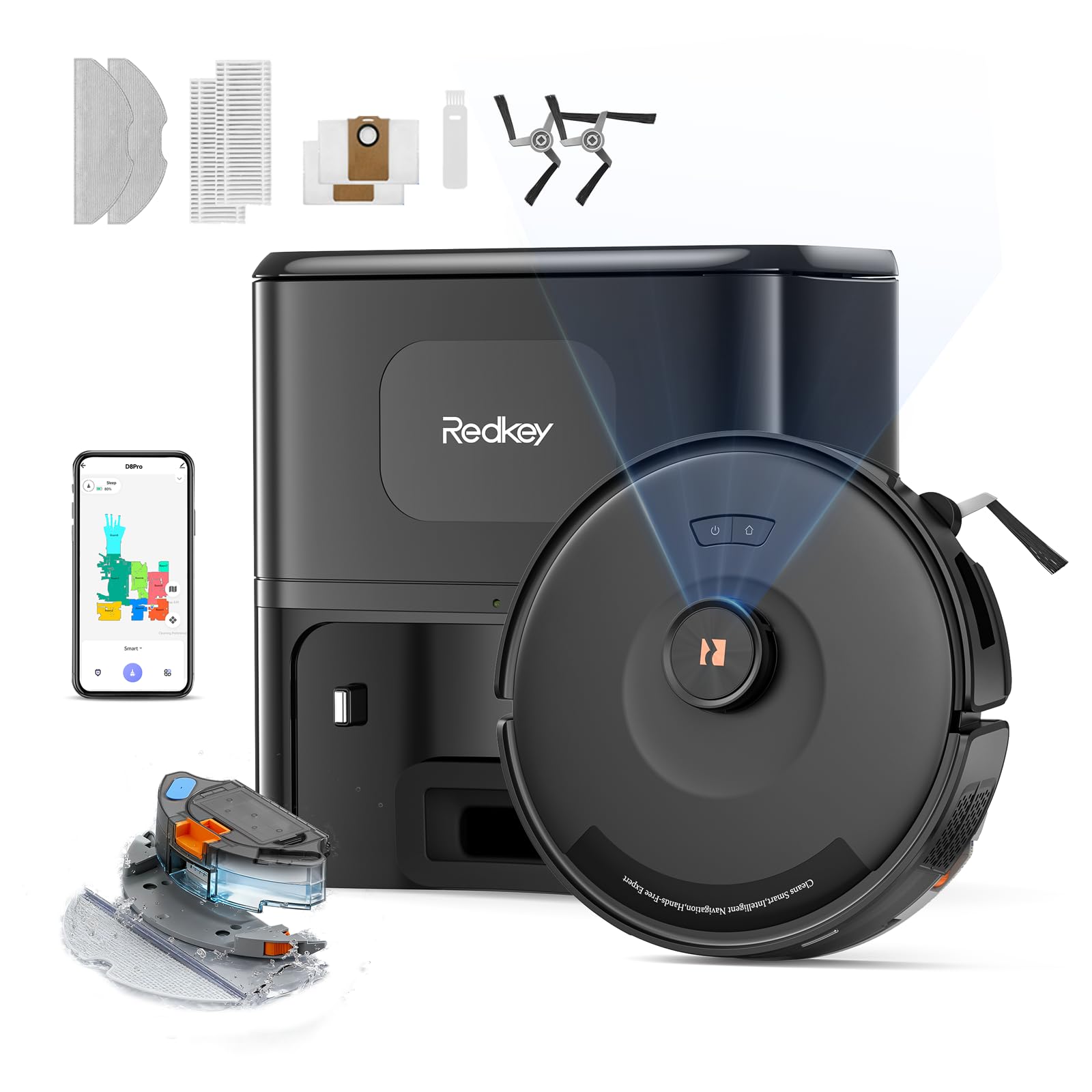 Redkey D8 Pro Robot Aspirador y Fregasuelos, 38000Pa Potente Succión con Estación de Succión 4L, Anti-Enredo de Pelos, Navegación LiDAR, Aspirador Robot 4-en-1 Aspira y Friega para Suelos, Alfombras
