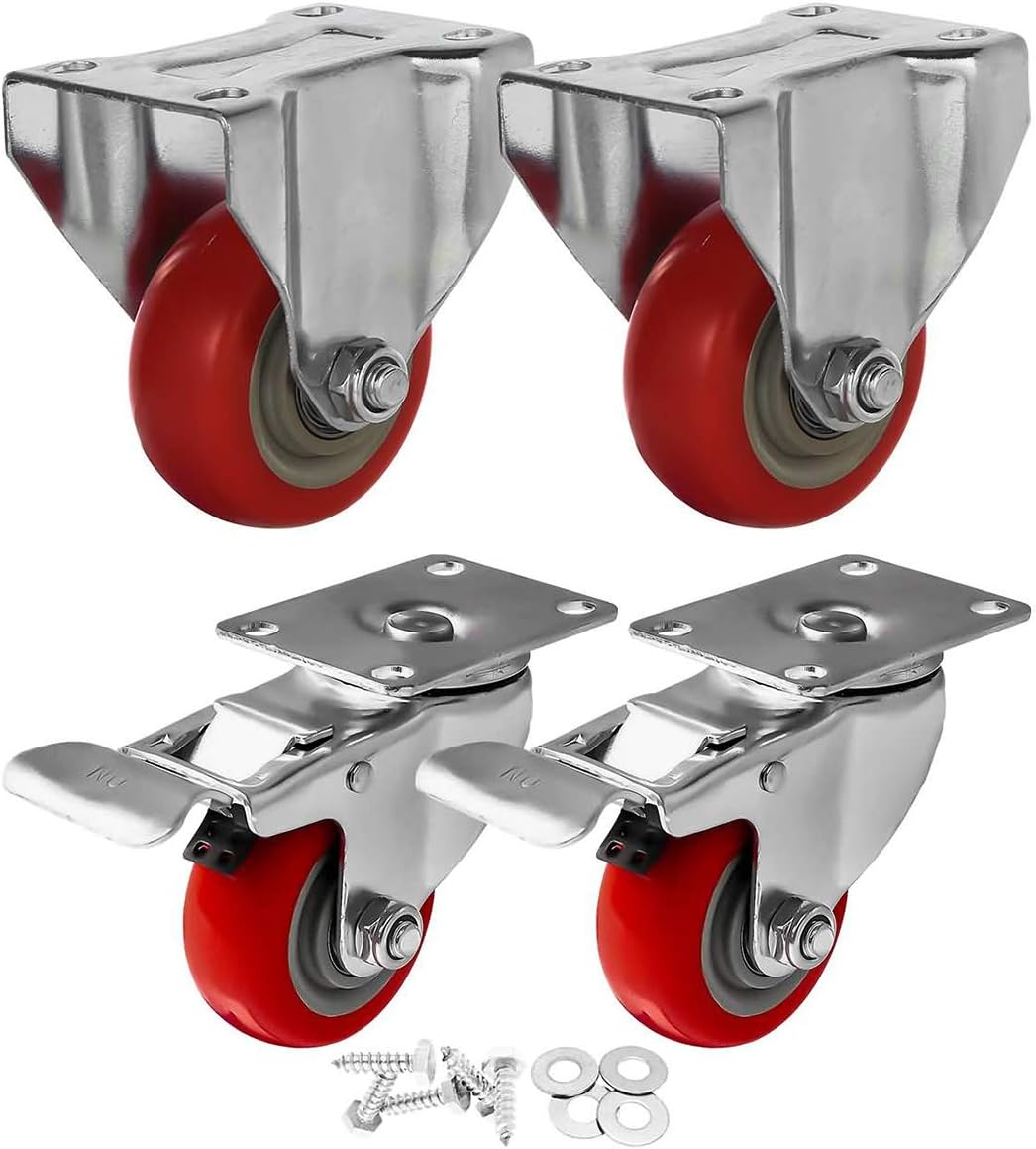 FactorDuty 4 Pack 3inches Caster Wheels Swivel 360 Degree with Brake and 2 Rigid Fixed Stationery Combo On Red Polyurethane Wheels with Hardware