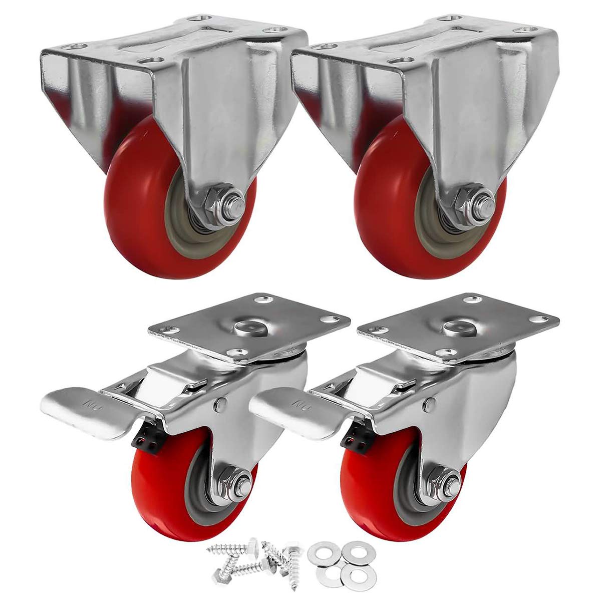 FactorDuty 4 Pack 3inches Caster Wheels Swivel 360 Degree with Brake and 2 Rigid Fixed Stationery Combo On Red Polyurethane Wheels with Hardware