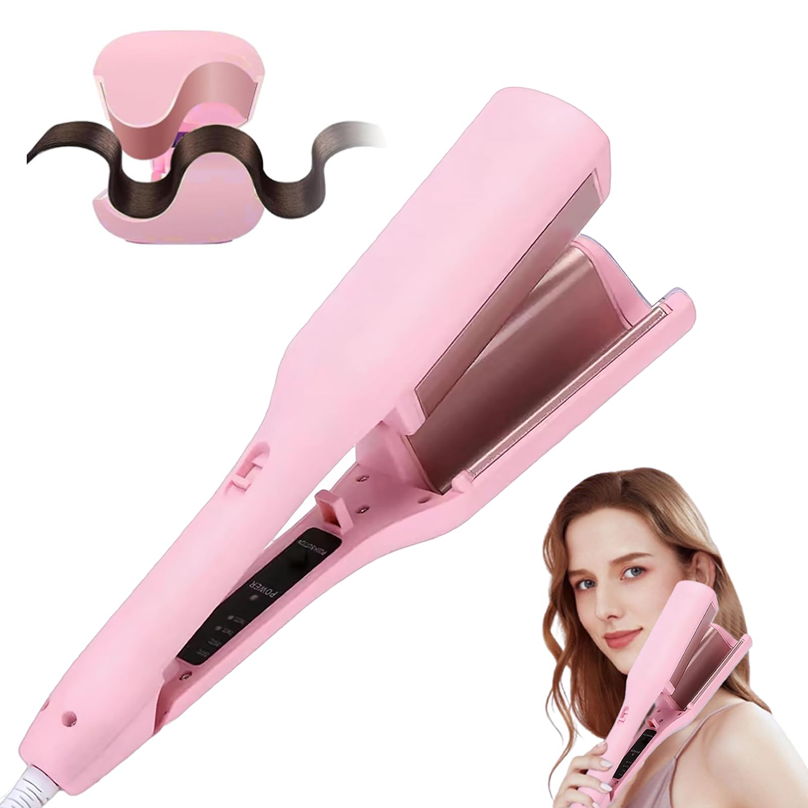 Waver Curling Iron Hair Crimper, 1.25 Inch Ionic Wavy Hair Curler with Ceramic 2 Barrel, 4 Adjustable Temps, Anti-Scald, Fast Heating Crimper Hair