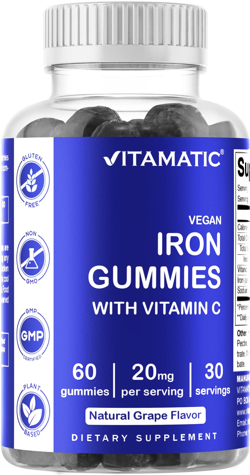 Vitamatic Iron Gummies Supplement for Women & Men - 20mg Serving - 60 Vegan Gummies - Great Tasting Iron Gummy Vitamins wi...