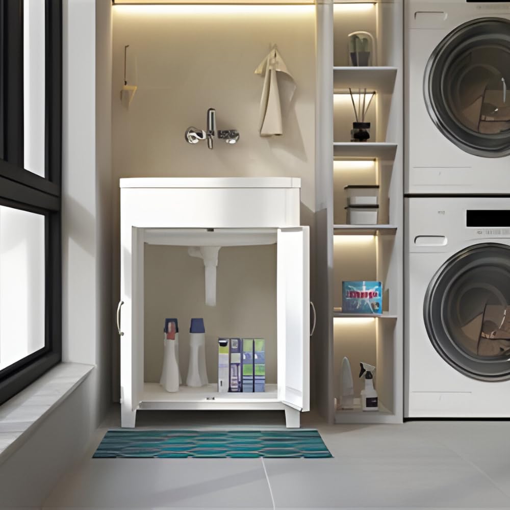 Mobile Lavandino in Resina Forabile per Rubinetto - da Esterno, Interno, Vasca, Garage, a Mano, Lavapanni, Portaoggetti, Lavanderia, Resistente agli Acidi - Made in Italy Bianco