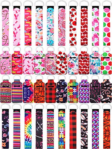 40 Pieces Chapstick Holder Keychains Neoprene Wristlet Keychain Lanyards Neoprene Lip Balm Pouch Protective Cases Vibrant Colors for Girls Women
