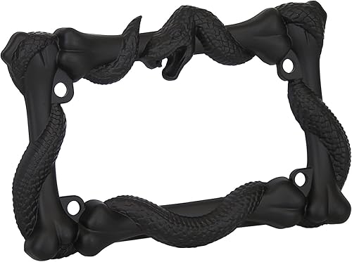 LPF262-BK - Marco de matrícula de motocicleta con acabado negro mate y serpiente de víbora 3D estilo serpiente y huesos