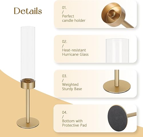 Miniatura 5 de Juego de 3 portavelas de huracán, de metal dorado mate, con tubos cilíndricos de chimenea de vidrio transparente, soportes altos para velas para