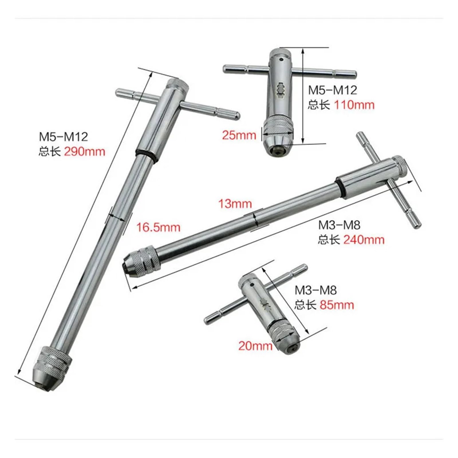 Chiave a cricchetto con impugnatura a T regolabile M3-8/M5-12 - Creatore di filettatura maschio metrica (utensile manuale da officina durevole e ad alta resistenza)(M3-M8 long)