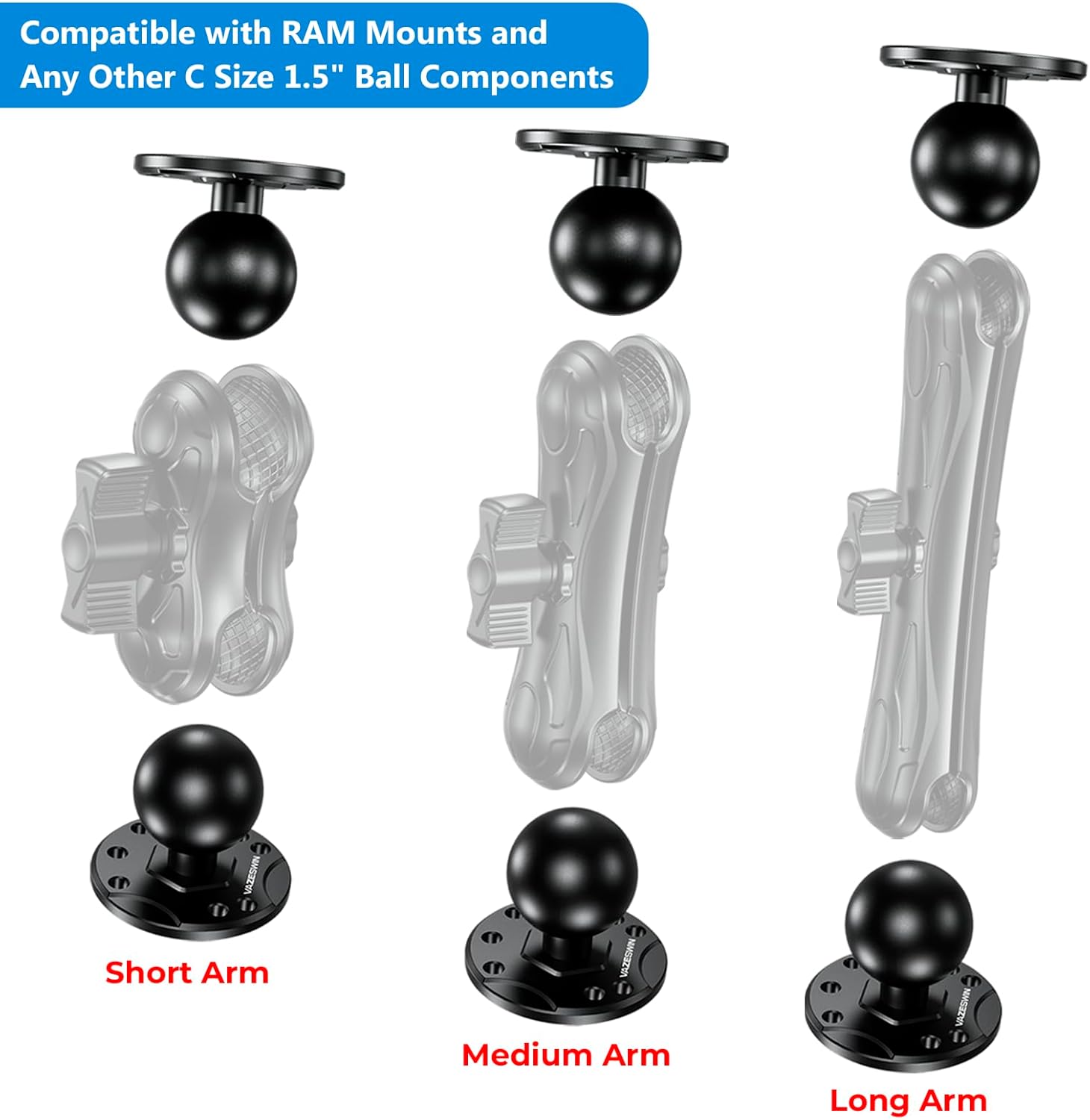 VAZESWIN 2 PCS 1.5" Ball Mount with Aluminum Alloy Round Plate, Universal Electronic Device Mounting Base with AMPS Holes for Garmin, Lowrance, Humminbird, for RAM Mounts C Size Double Socket Arms