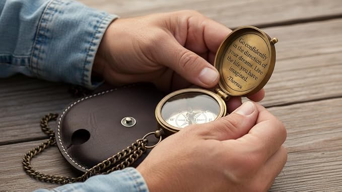 Brújula náutica de latón con frase grabada y estuche de cuero miniatura 7