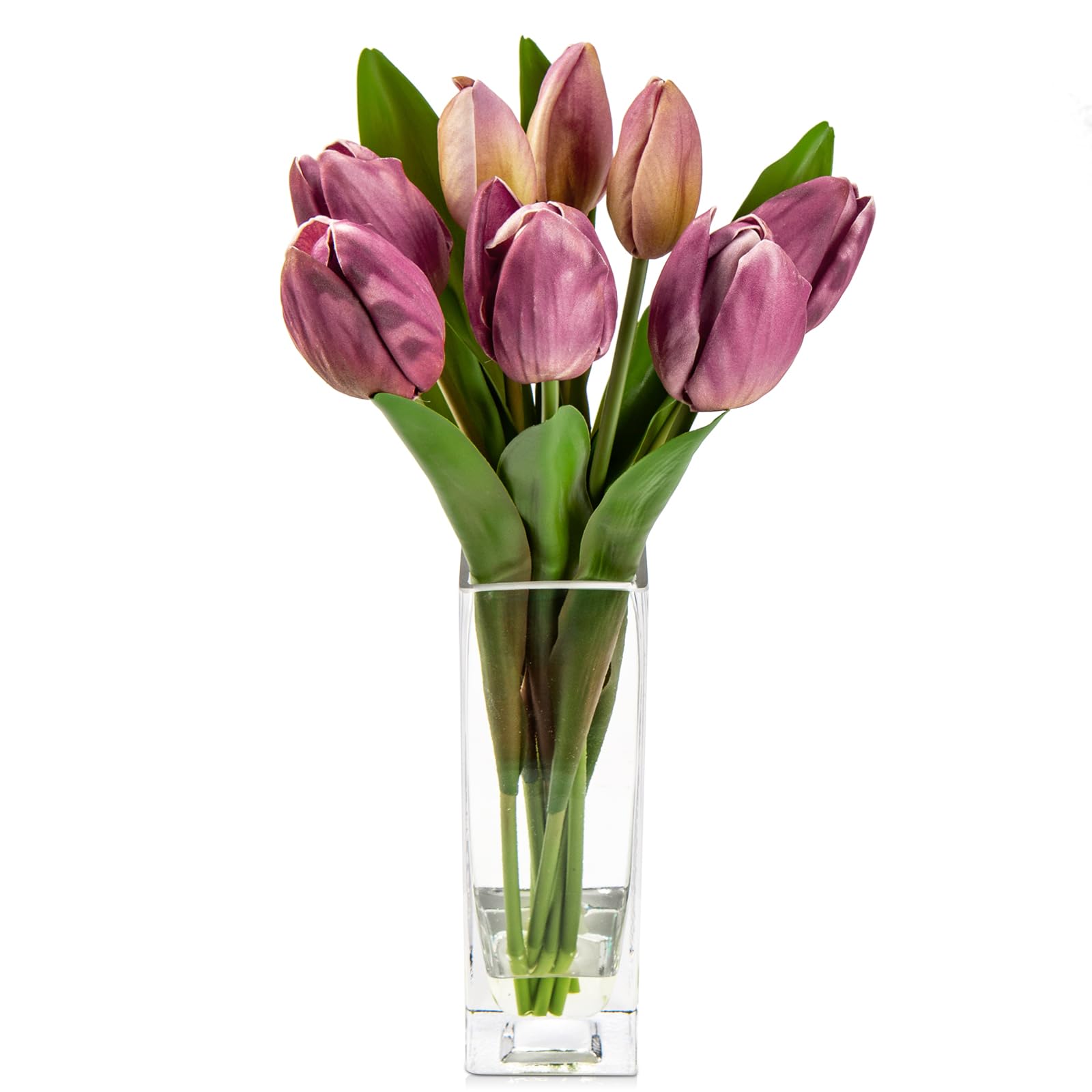 Briful Fake Flowers Artificial Tulip Flower Purple in Clear Vase, Real Touch EVA Tulip Arrangement Suitable for Home Office Fall Decoration, Dining Table Centerpiece