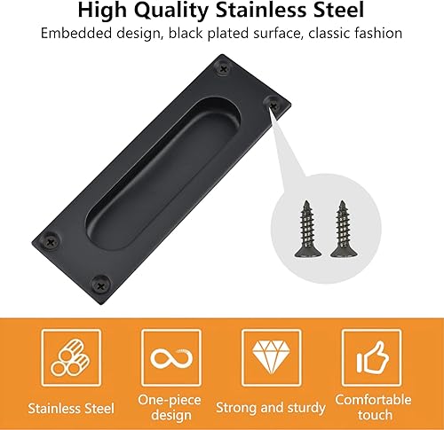 Miniatura 3 de Tiradores rectangulares empotrables para puerta corredera, 4 tiradores de acero inoxidable con tornillos para puerta corrediza de granero (2, negro