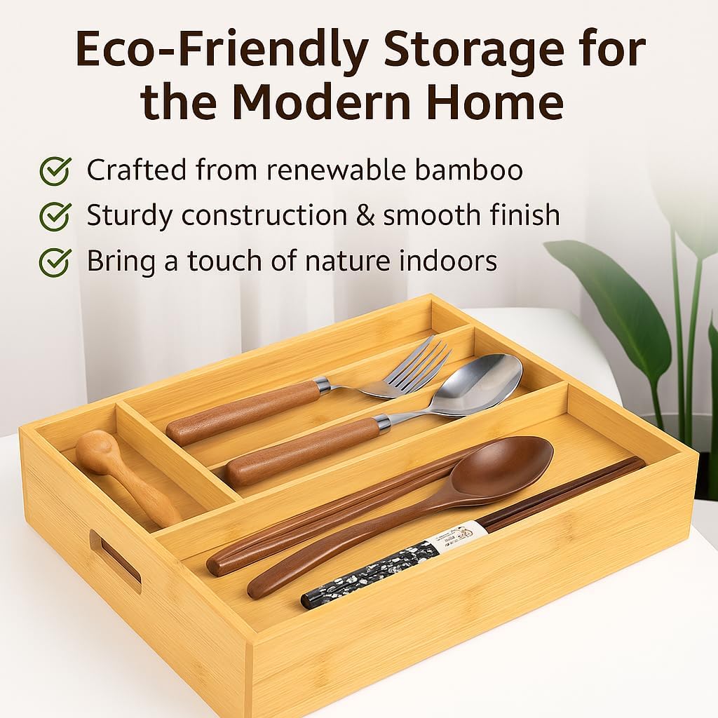 Bamboo Expandable Flatware Drawer Organizer Stackable Bamboo Silverware Drawer Organizer – 2-Tier Kitchen Utensil Tray with Compartments, Flatware Organizer for Spoons