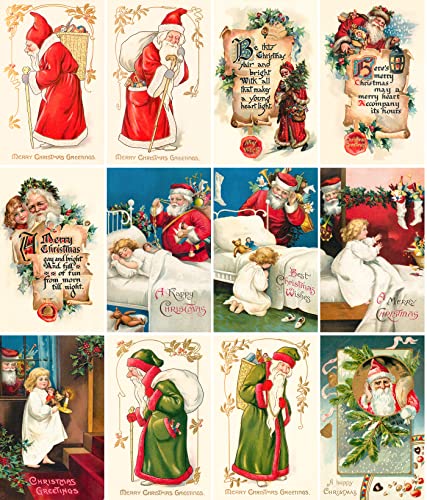 Image of PIXILUV SANTA'S CHRISTMAS SALUTATIONS (Pack of 12) Notecards Small Greeting Cards # Pairs of Santas and Christmas Yuletide Greetings ~ Vintage Christmas Postcards Reprint