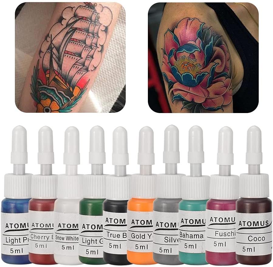ATOMUS Tattoo Inks Set, 10 Colors 1/6oz (5ml) Complete Tattoo Pigment Kit for Body Tattoo Practice Tattoo Supply Kit