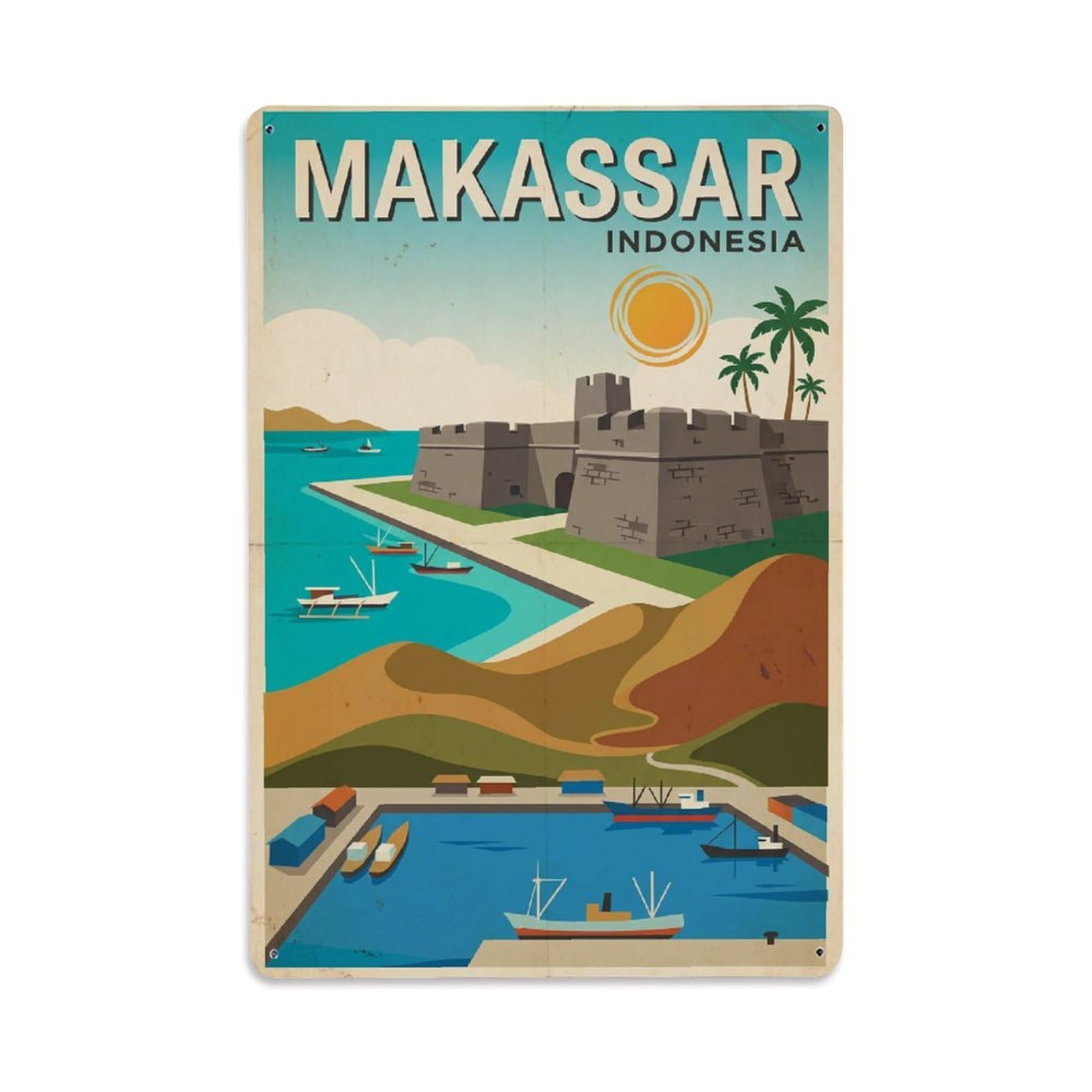 Retro Travel Indonesia Makassar Metal Tin Sign Plaque Wall Decor for Cafe, Club Bar, Office, Garden Metal Poster 8x12Inch