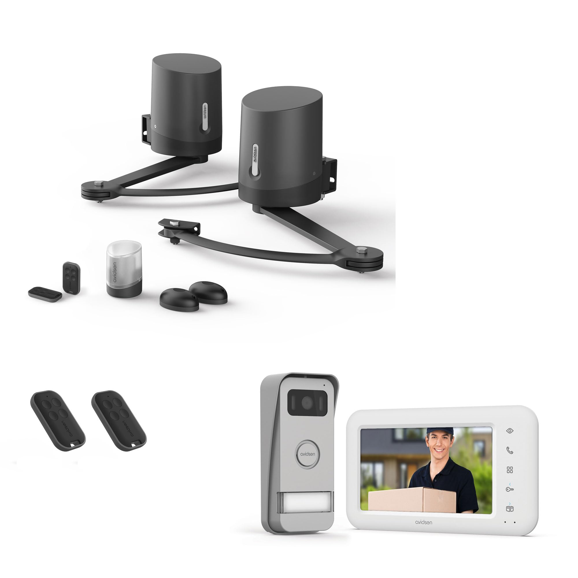 Kit Avidsen para Puerta Batiente con Videoportero WiFi y 4 Mandos | Portón de hasta 5 m/500 kg, monitor 7", App Avidsen Home, WiFi 2,4/5 GHz, 4 mandos, fotocélulas y luz intermitente.