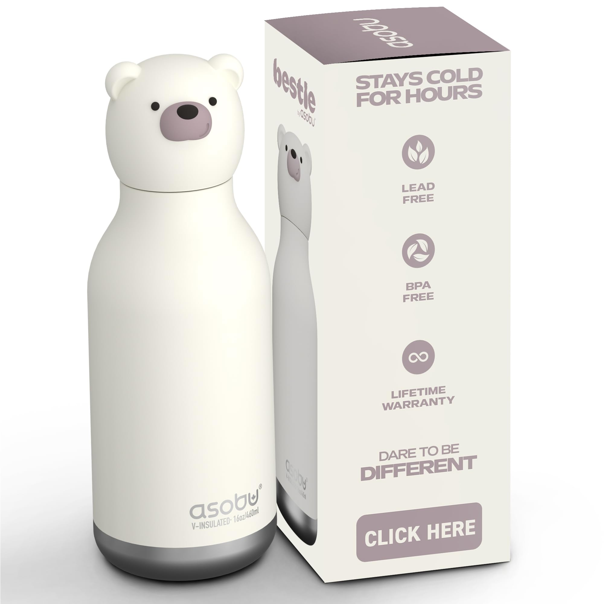 asobu Bestie Bottle Limited Edition Collectible Kids Water Bottle with Animal Character Lid 16oz (460ml) Insulated Stainless Steel, Leakproof, Reusable with Straw Fun Gift for Girls & Boys