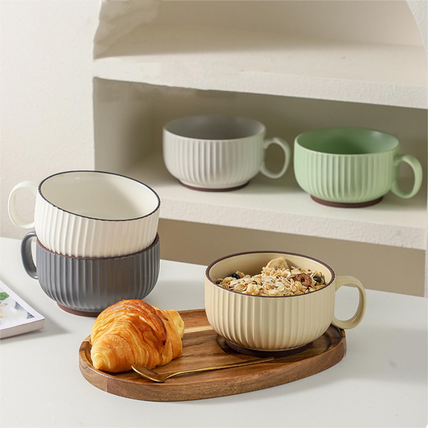 Taza de sopa con tapa, 450 ml, tazón de sopa para microondas, taza de sopa de cerámica pequeña (gris)