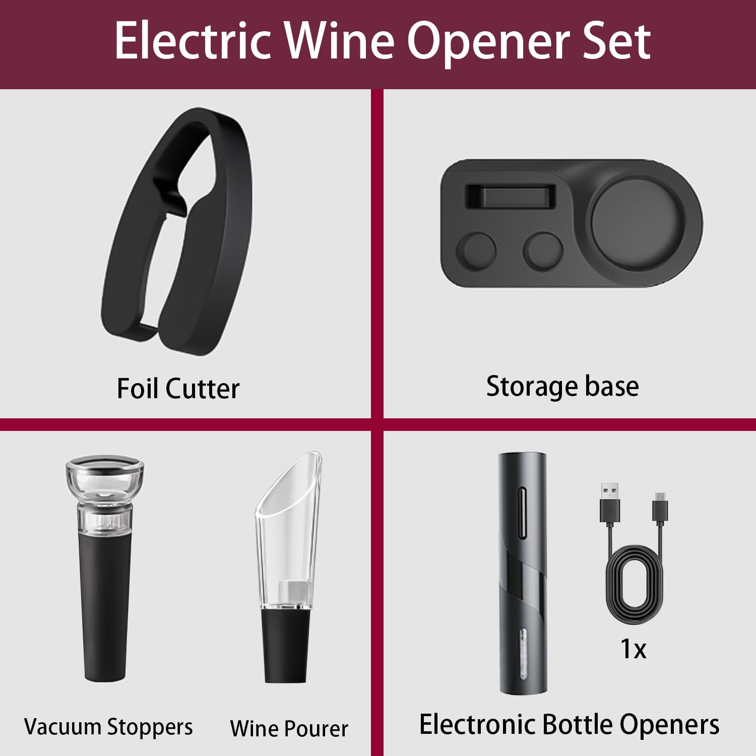 Abrebotellas de vino eléctrico recargable, juego de abridor de vino automático 5 en 1, abridor de vino eléctrico con cortador de lámina, vertido de vino, tapón de vino y base de almacenamiento 4