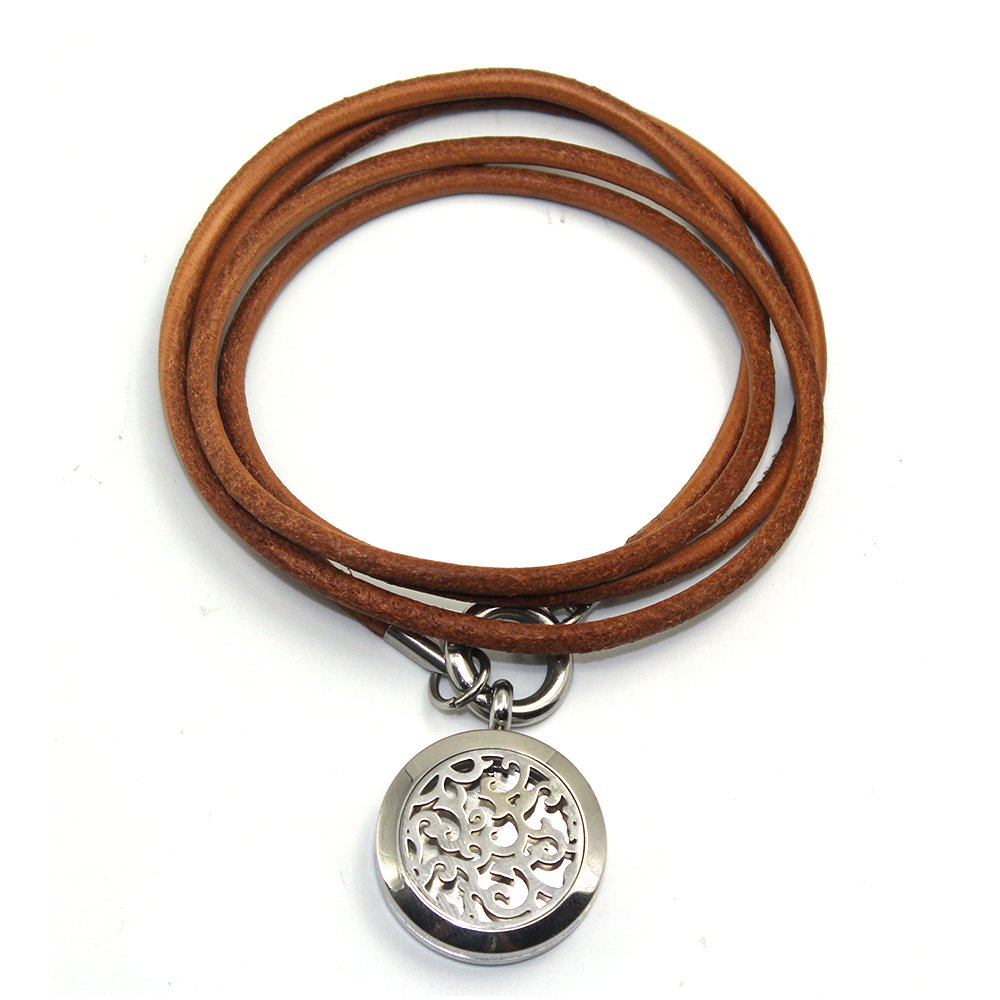 Aromatherapy Essential Oil Diffuser Bracelet, Genuine Leather Rope with Scent Diffuser Locket (4 Loop)