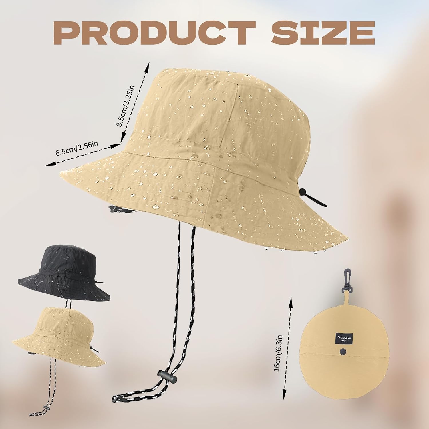 2 Pcs Waterproof Bucket Rain Hat for Men Women,Packable Sun Hat Quick Dry Fishing Hats UV Protection for Beach Hiking Outdoor Black,Khaki