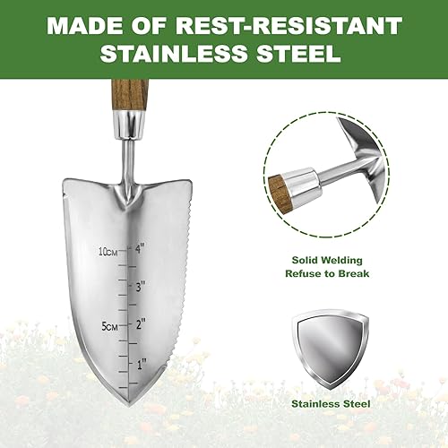 Miniatura 7 de Paleta de jardín con borde dentado, pala de plantación de marcas de profundidad de 4 pulgadas, pala de jardín de borde afilado en forma de V, pala