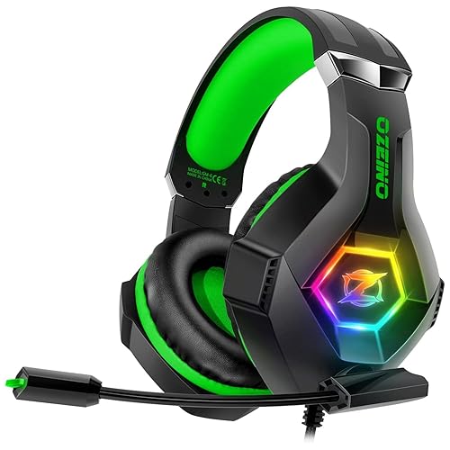 Ozeino Gaming Headset Ps5 Ps4 Headset with 7.1 Surround Sound, Gaming Headphones with Noise Cancelling Flexible Mic RGB Light Memory Earmuffs for PC, Xbox Series X/S, Mac, Phone-Green - Green