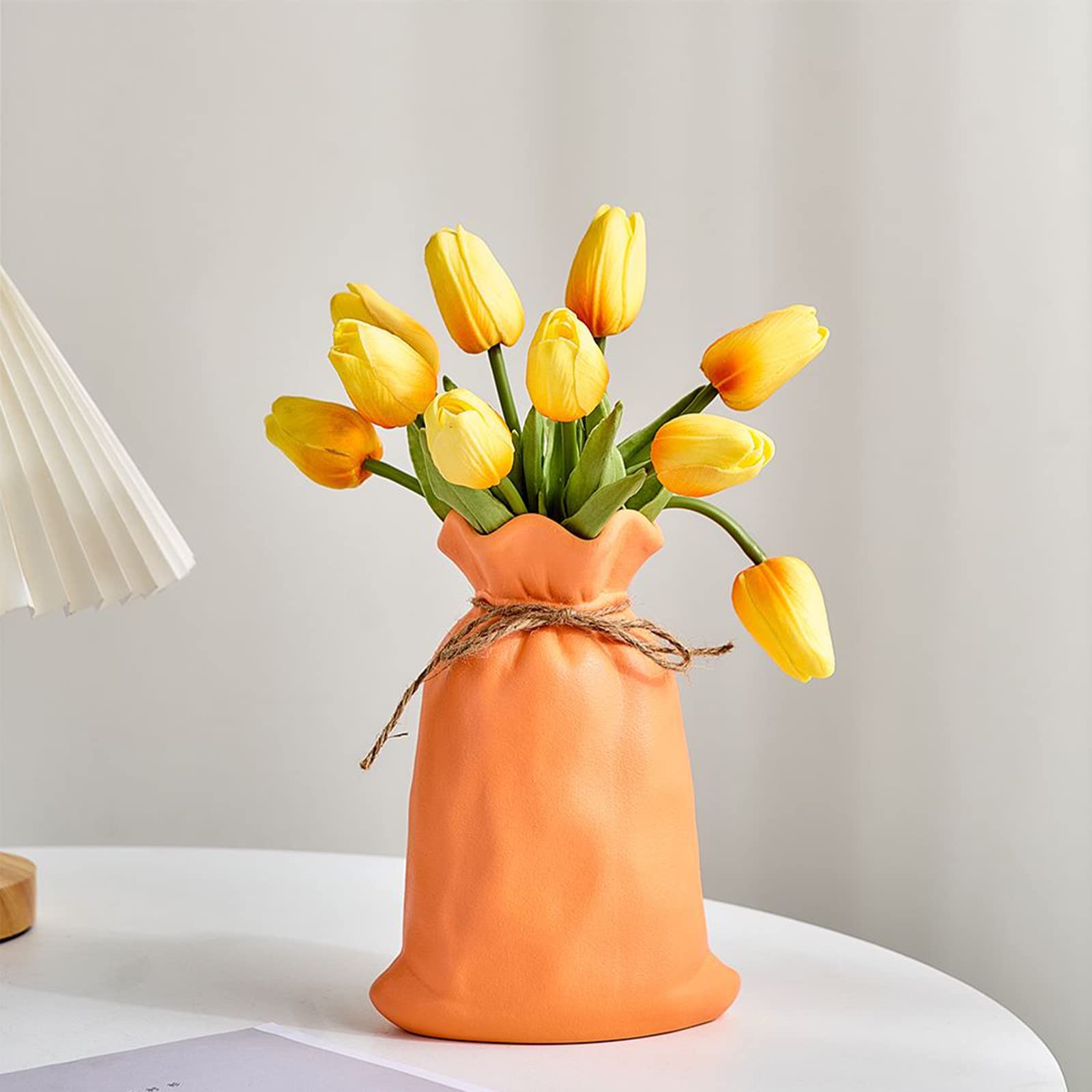Unique Ceramic Shopping Bag Flower Vase,Ceramic Flower Vase for Home Decor,Flower Vases for Kitchen Living Room Bookself,Ceramic Vase for Decoration(Orange&Large