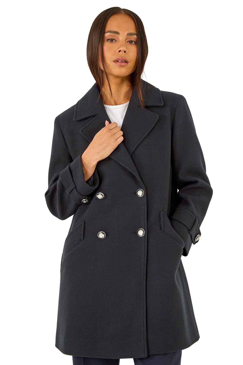Roman Women's Navy Petite Double Breasted Collared Peacoat In Size 18