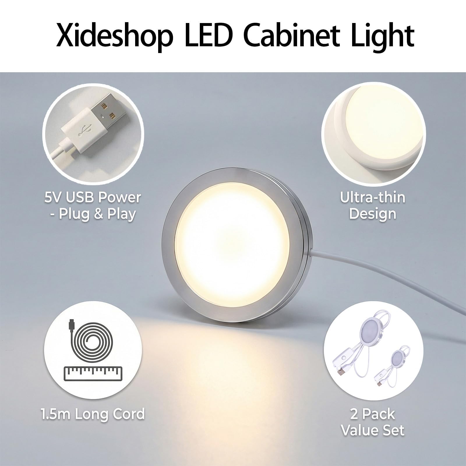 2 confezioni Puck LED USB ad alte prestazioni per illuminazione versatile: alluminio durevole, luce bianca personalizzabile 6000 K, per uso personale e decorativo in camere, cucine e saloni