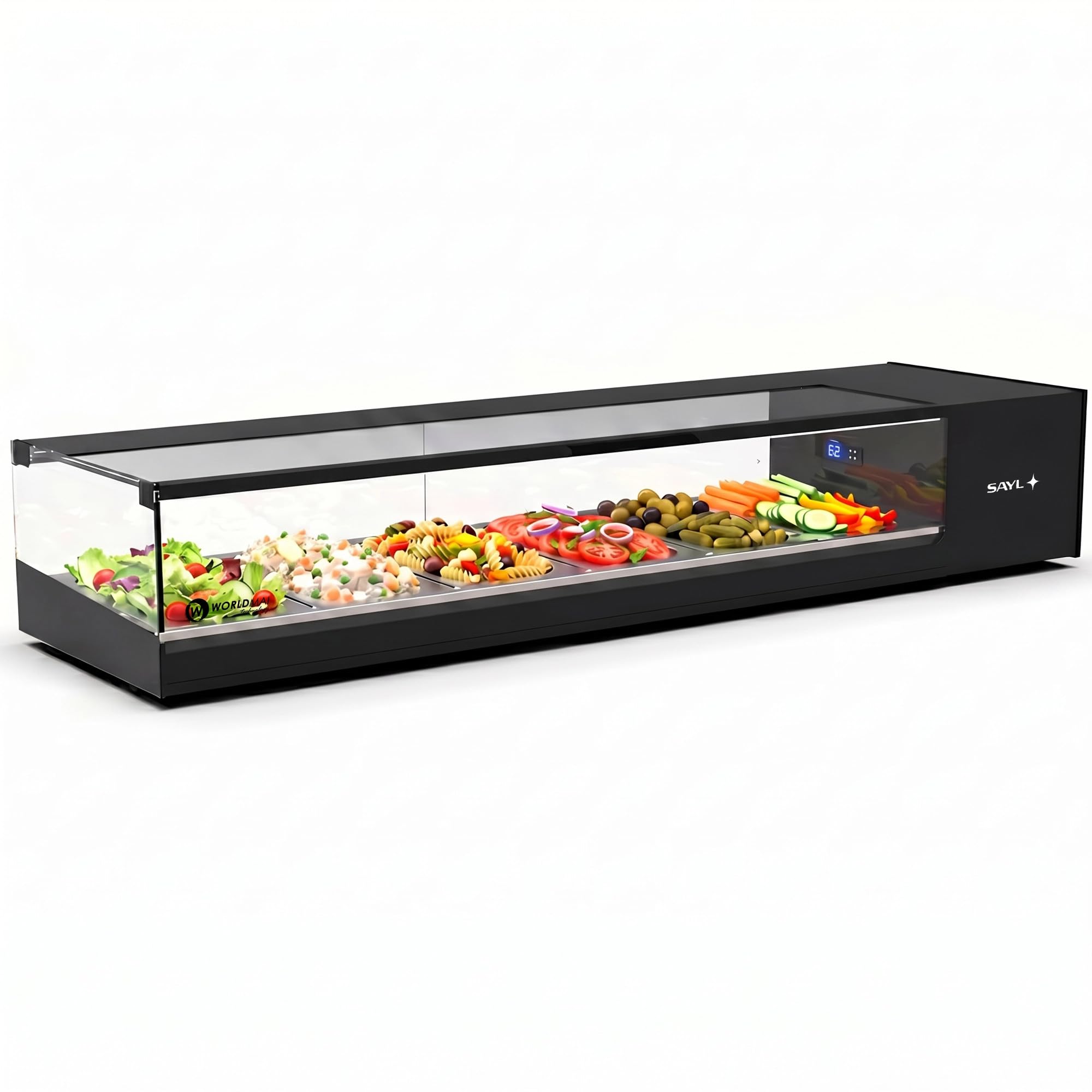 Vitrina de tapas Logic WORLDMAI x SAYL, 132 x 38 cm, 6 cubetas GN 1/3 para hostelería. Vitrina expositora refrigerada profesional de sobremesa con iluminación LED, para bar y restaurante.