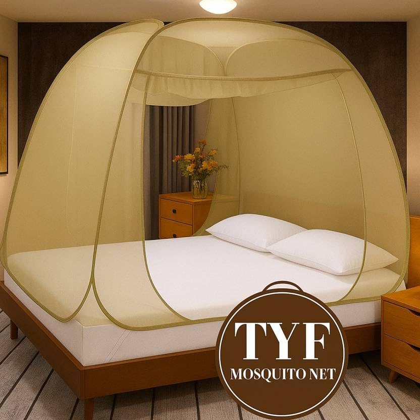 Image of TYF Mosquito Net for Bed Made with Polyester Material | Foldable Mesh Design | Lightweight and Portable Structure | Easy to Use Khaki (6.15 Feet X 6.15 Feet) Double Bed