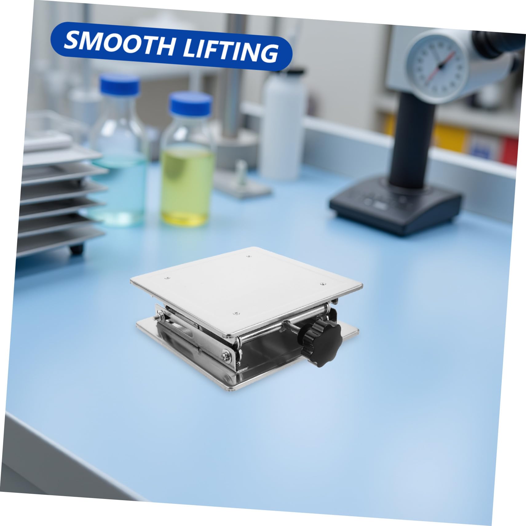 KOMBIUDA Plataforma Elevadora de Laboratorio Ajustable Gato de Mesa de Acero Inoxidable 200x200mm Soporte Manual para Experimentos Científicos