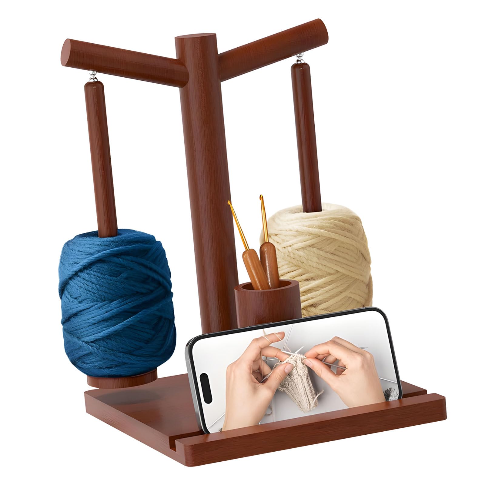 Kalttoy Wood Craft Storage Unit That with Phone Mount Two Spindles for Colorful Projects Yarn Winder with Phone Holder
