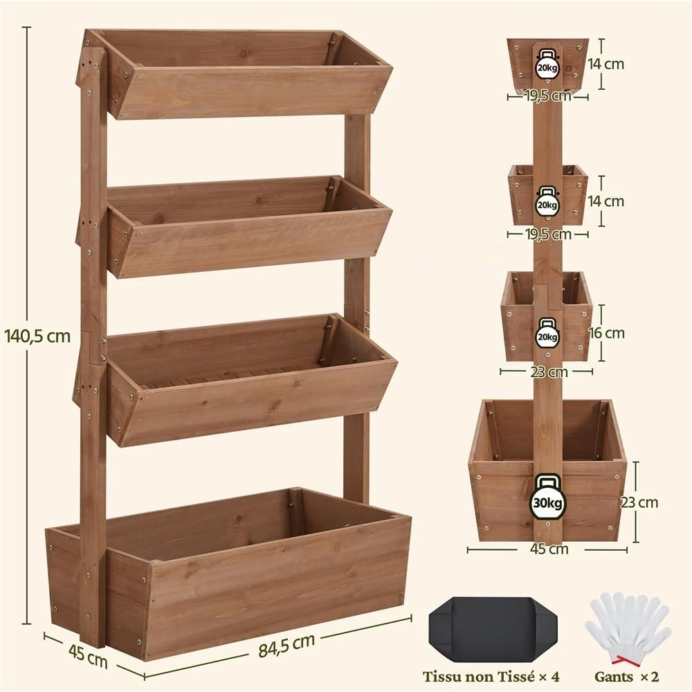 Yaheetech Jardinière Surélevée 4 Niveaux Bac de Potager en Bois de Sapin avec Trous de Drainage pour Balcon Terrasse Jardin Support pour Plantes Herbes Fleurs Légumes Brun Foncé