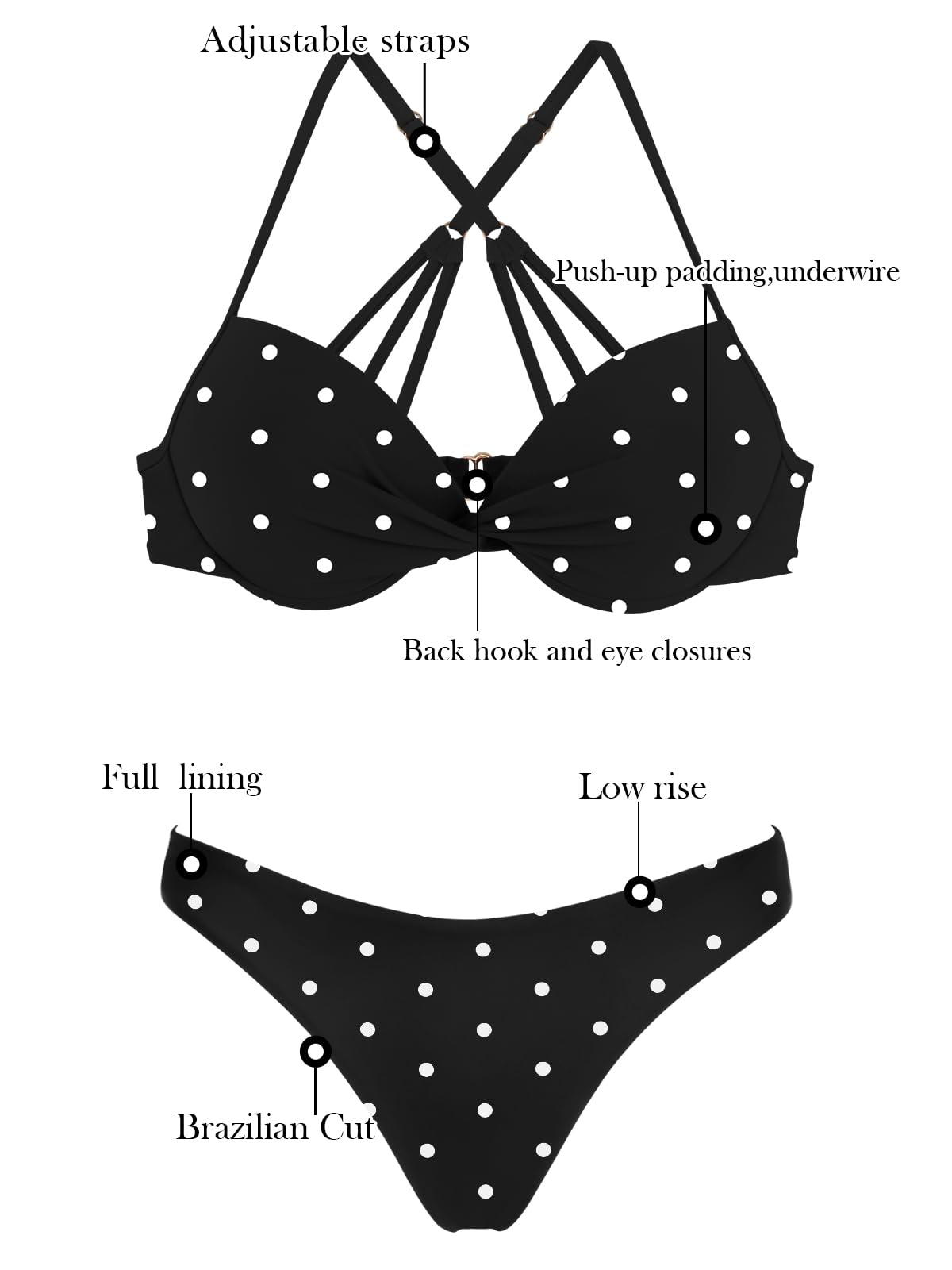 RELLECIGA Conjunto de bikini brasileño de talle bajo con aros push up para mujer