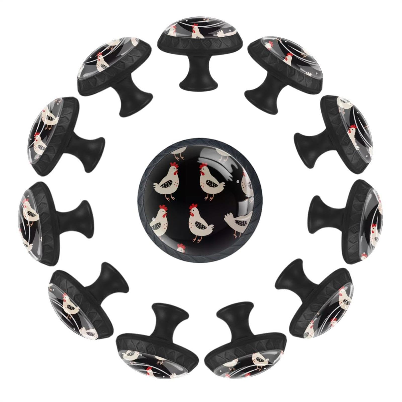 Boutons de tiroir ronds en cristal blanc avec motif poule transparent et coloré