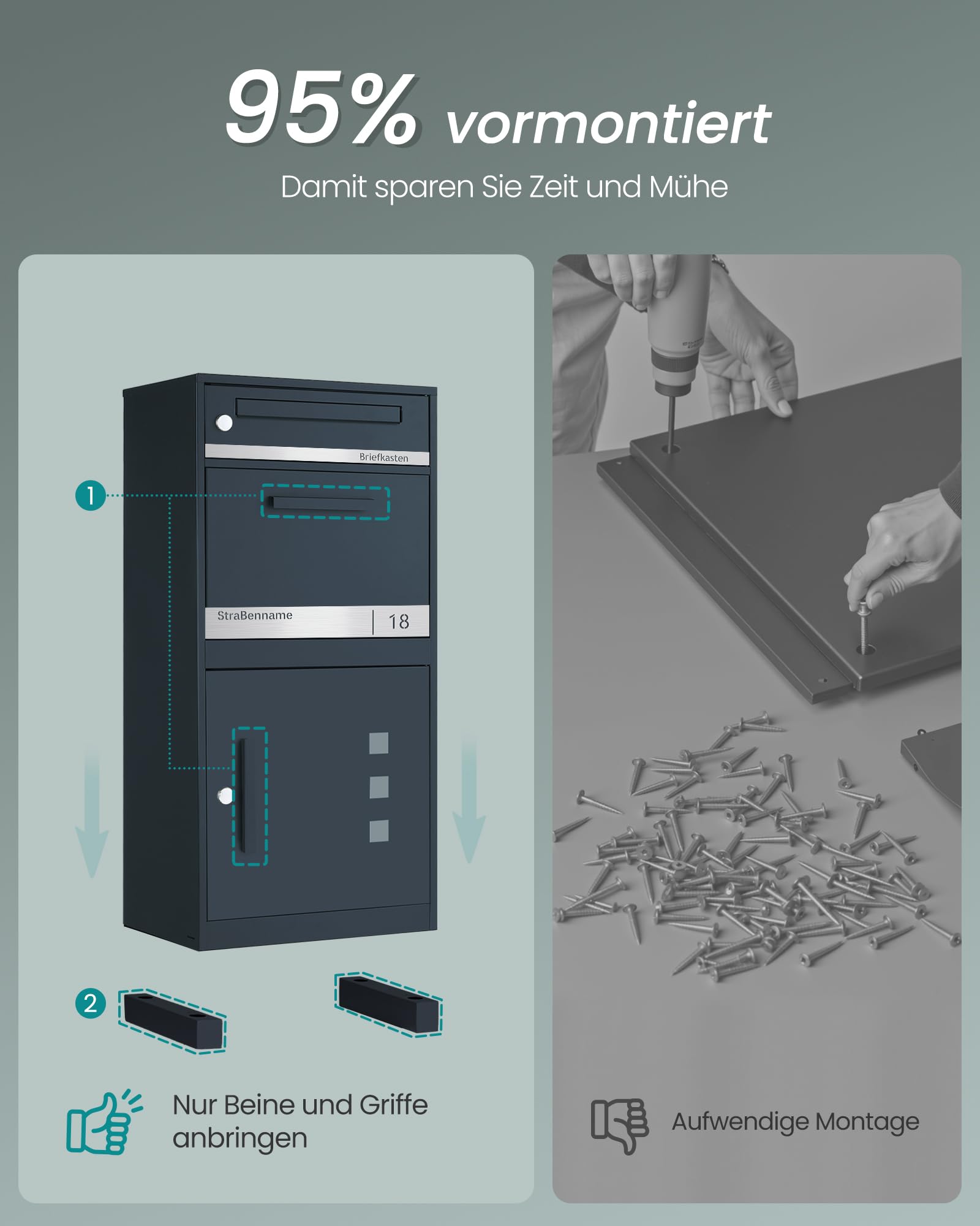 SONGMICS Paketbox, Paketbriefkasten, Briefkasten mit Paketfach, personalisiert, Paketkasten XXL, für Briefe, Pakete, Schloss mit Abdeckung, 2 Schlüssel, Stahl, anthrazit GMB091GZ01-01
