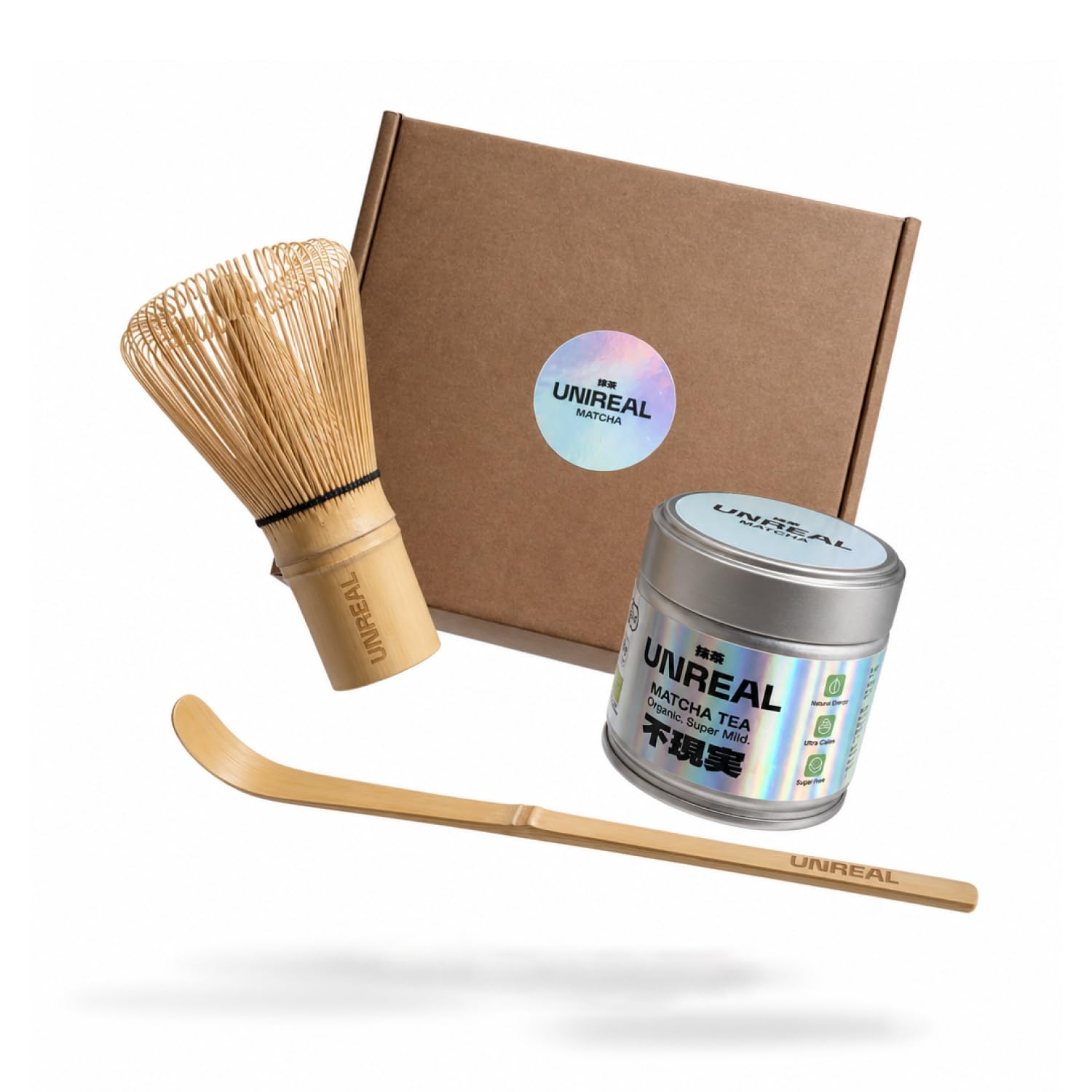 UNREAL® Bio Matcha Set Japan – 30g Ceremonial Matcha Pulver mit Bambusbesen & Bambuslöffel – Matcha Starter Set in Geschenkbox – Japanischer Grüner Tee für cremigen Matcha Latte inkl. Zubehör