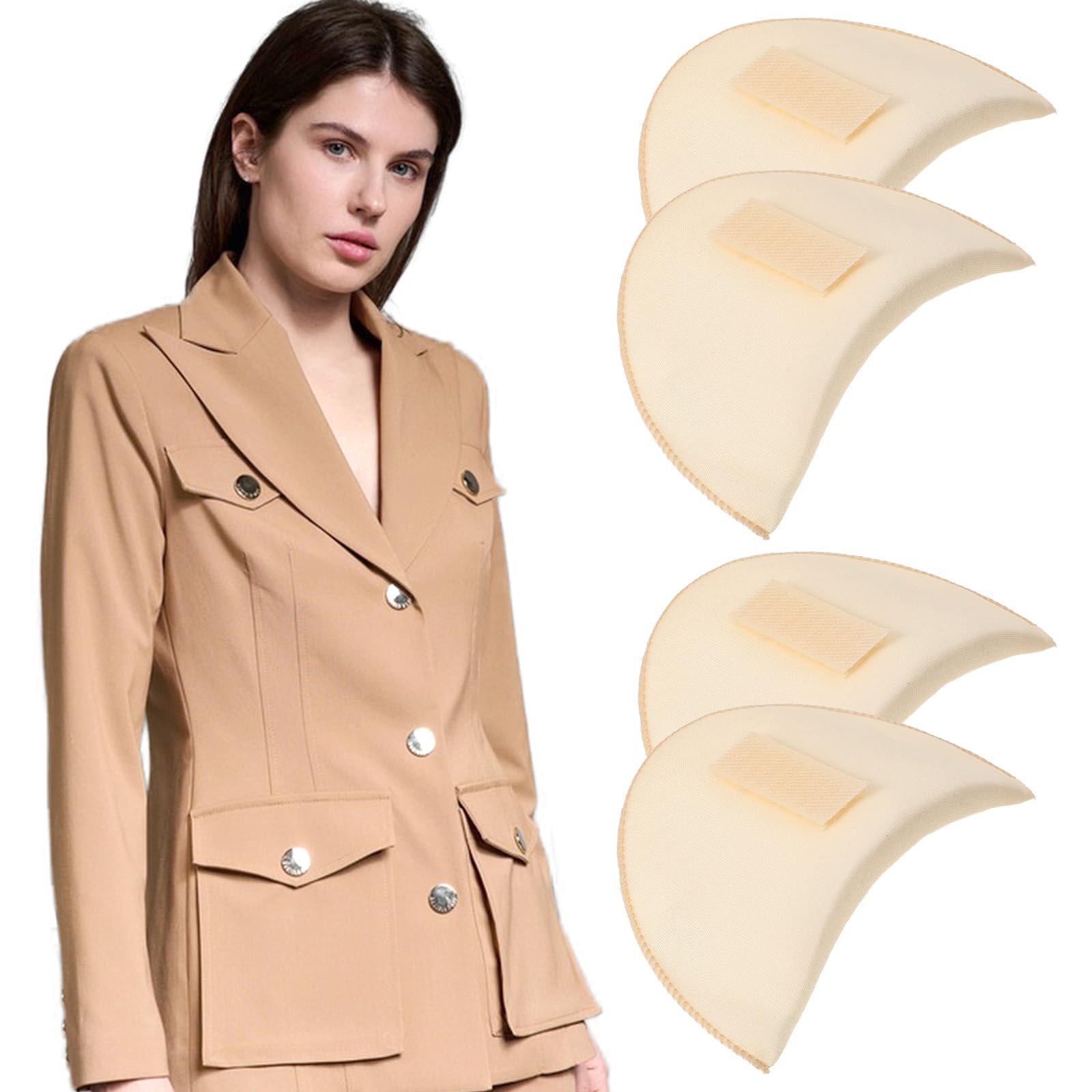 2 Paar Schulterpolster Damen, Eingesetzte Schulterpolster mit Klettband | Wiederverwendbar Hochdichte Schwamm-Schulterpolster für Blazer, T-Shirts, Anzüge (Hautfarbe)