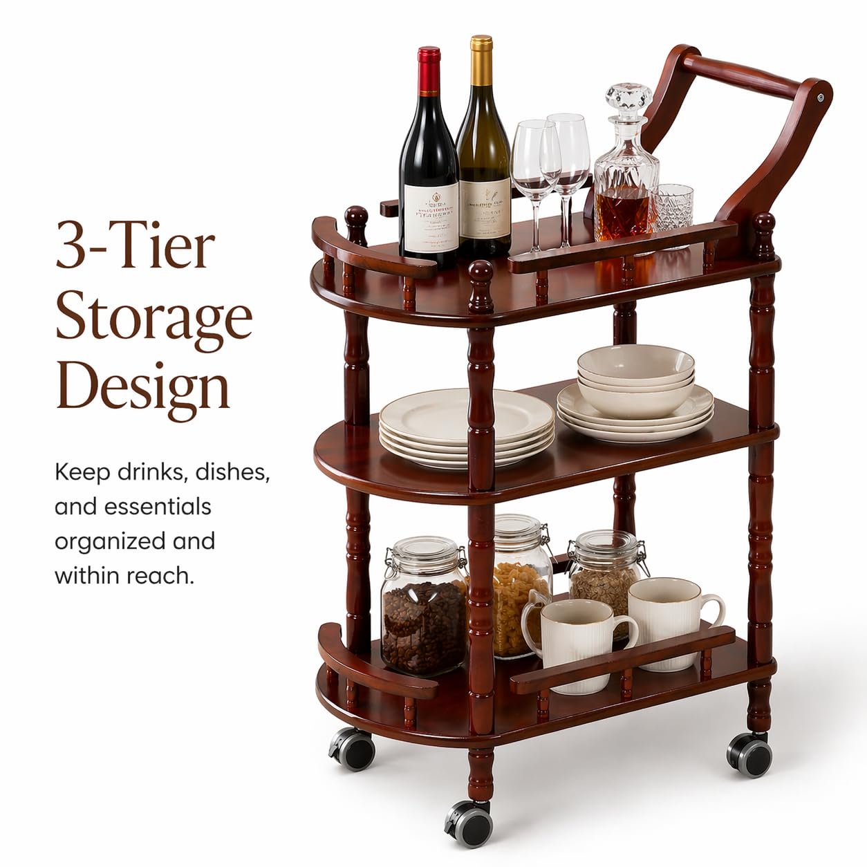 Carrello da cucina di intrattenimento, carrello da bar mobile a 3 livelli in legno di gomma importato moderno Midcentury in legno finito marrone