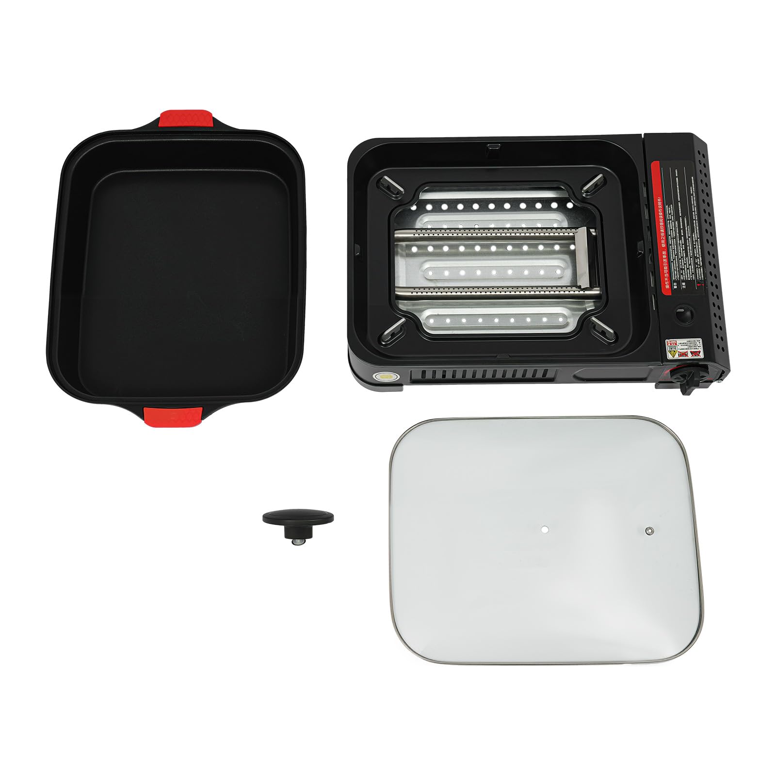 Barbacoa de gas para camping, pequeña 2,1 kW, hornillo de gas con placa de parrilla y tapa de cristal, para camping, bidón de butano, hornillo de camping para interiores, exterior (con asa)